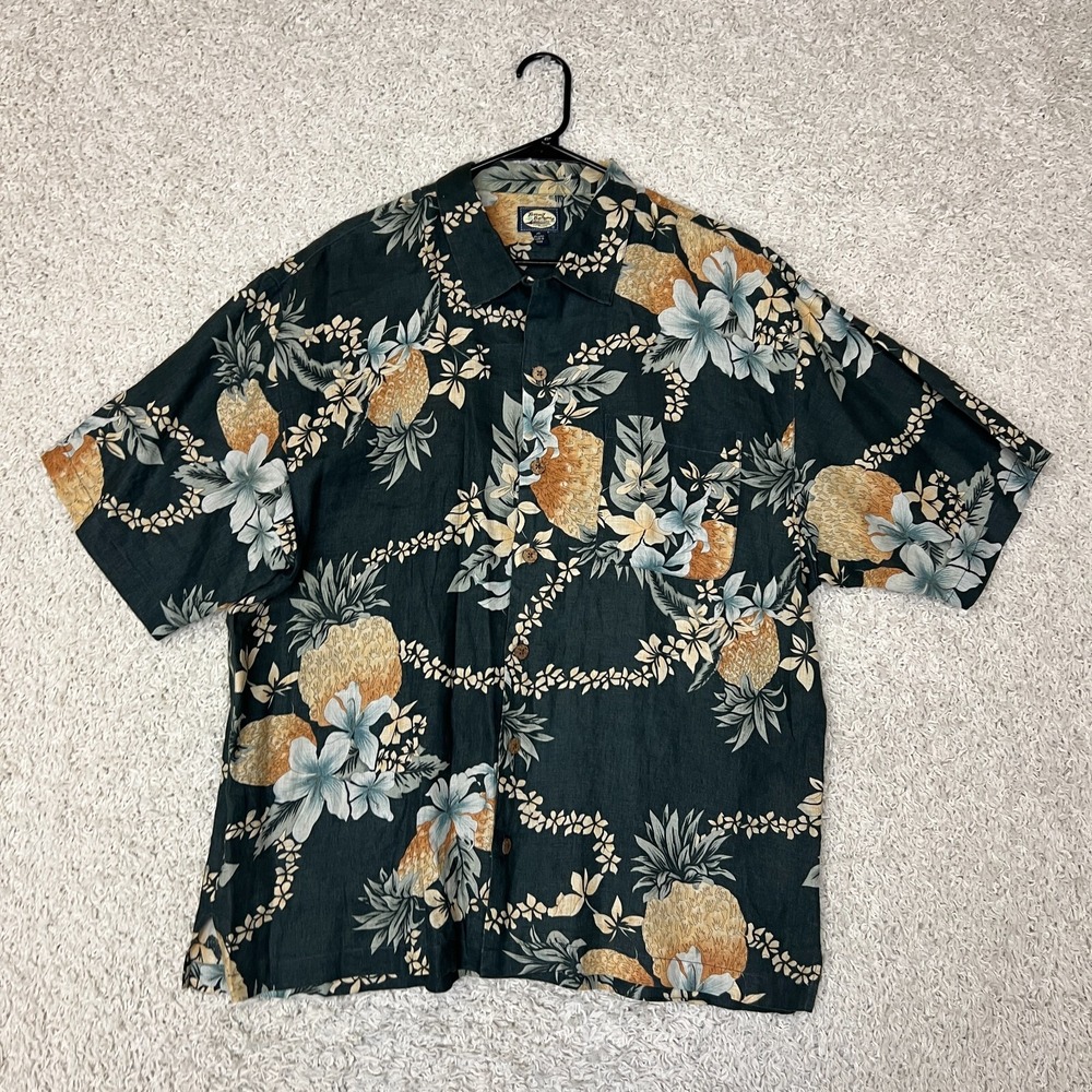 Tommy Bahama Camp Shirt Mens XL Black Linen Pineapple Tropical Cruise Vacation